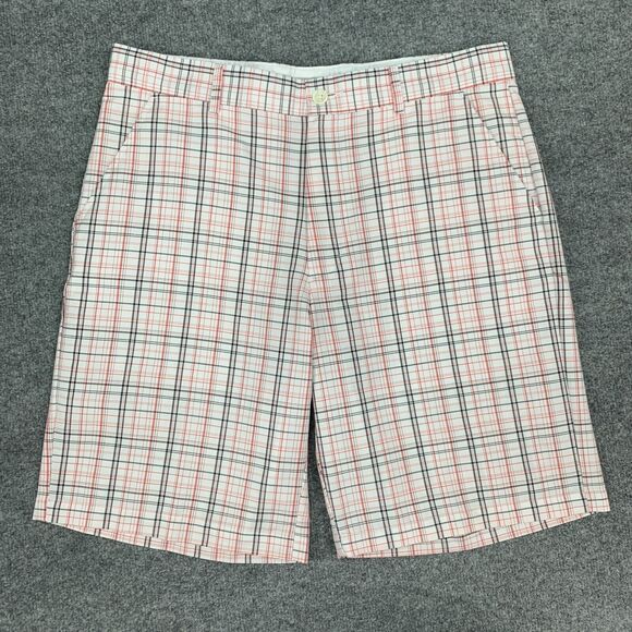 Greg Norman Golf Short Mens 34 White Plaid Flat Front Cotton Blend Travel Chino - Picture 2 of 10